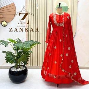 Bollywood Style Red Anarkali Gown dress for women Indian Wedding Party Wear Anarkali Gown Bridesmaids Ready To Wear Sequins Embroidered Gown