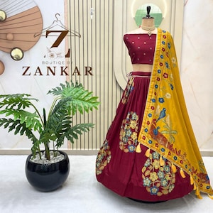 Indische Designer Floral Lehenga choli TussarSilk Hochzeit lehenga für Frauen Ehe Aufnahme Maroon lehenga kalamkari lehenga Indian Outfit