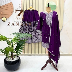 Traditional Purple Kurta palazzo Set Party wear designer Salwar kameez Soft Chinnon Heavy Sequins Embroidered Suit Pakistani Dress 3 piece