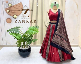 New Navratri Ajrakh Lehenga Choli Real Mirror Work Pure Gaji Silk lehenga choli Garba Dress Chaniya Choli Ghagra choli Ready to Wear lehenga