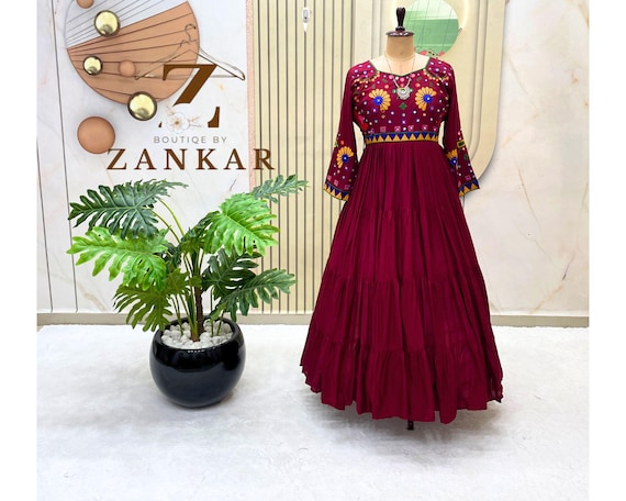 Stylish Anarkali Gown, Kutchi Patch, Rayon Garba Dress