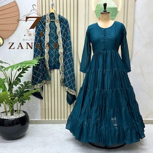 Designer Anarkali Gown Party wear Anarkali 15mtr Long Flared Gown with dupatta 5 layer Frill Gown Indian Wedding Dress Full Stitched Gown
