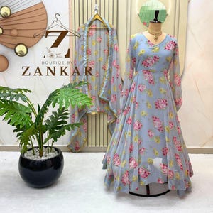 Grey Anarkali Gown Floral Georgette Gown Suit With Beautiful Dupatta women anarkali suit Party Wear Outfit summer dress Indian Traditional