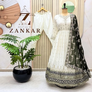 White Anarkali gown Pakistani Designer salwar kameez indian Wedding Gown 3pc Set Ready to wear gown Sequence Embroidered anarkali suit