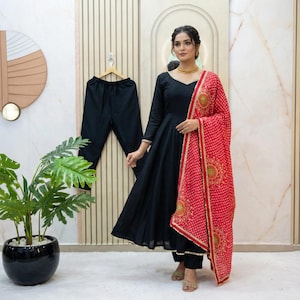 Black Chinnon Silk Anarkali Gown with Dupatta, Indian Wedding Party Wear
