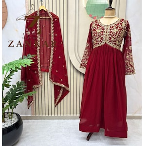 Maroon Designer anarkali gown For Women Readymade Long gown with dupatta set Full Stitched Gown  Indian Wedding Wear Suit 2pc Pakistani suit