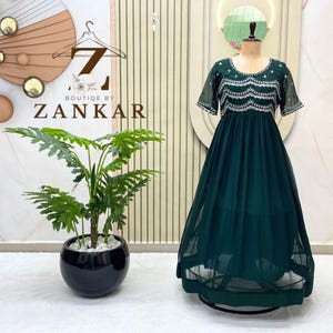 Trendy Anarkali Gown Bottle Green Gown Sequins Embroidery Anarkali Indian Long Gown Wedding Sangeet Function Wear Gown Festival Dress