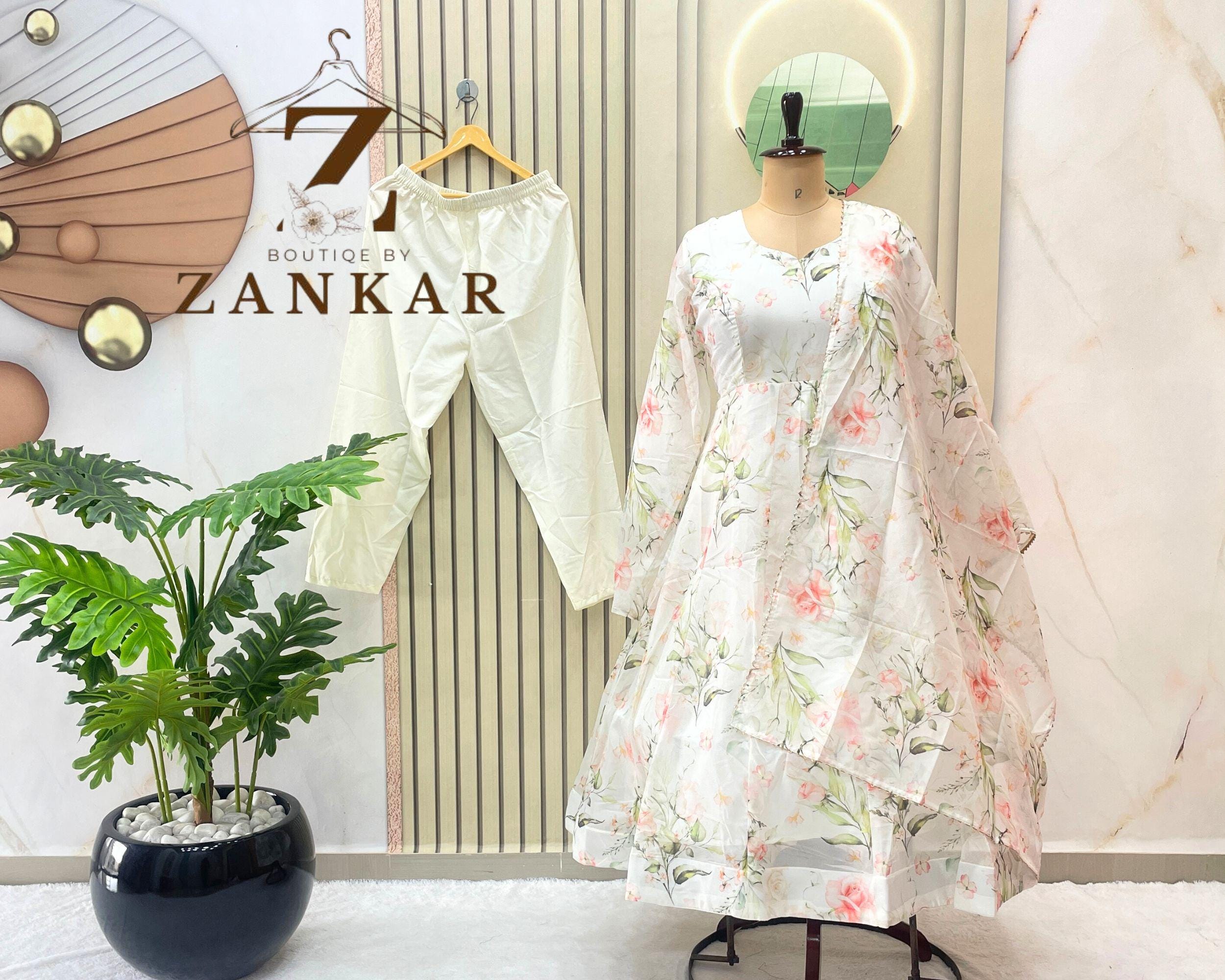 White Anarkali Dress partywear anarkali 3pc set Wedding festival Wear Gown Indian Long Gown Floral Anarkali Gown Readymade Flared Gown