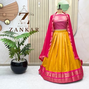 Yellow Pink Kanchipuram lehenga Half Saree Lehenga Set South Indian Lehenga skirt Pavadai lengha Indian Wedding Dress Traditional lehenga