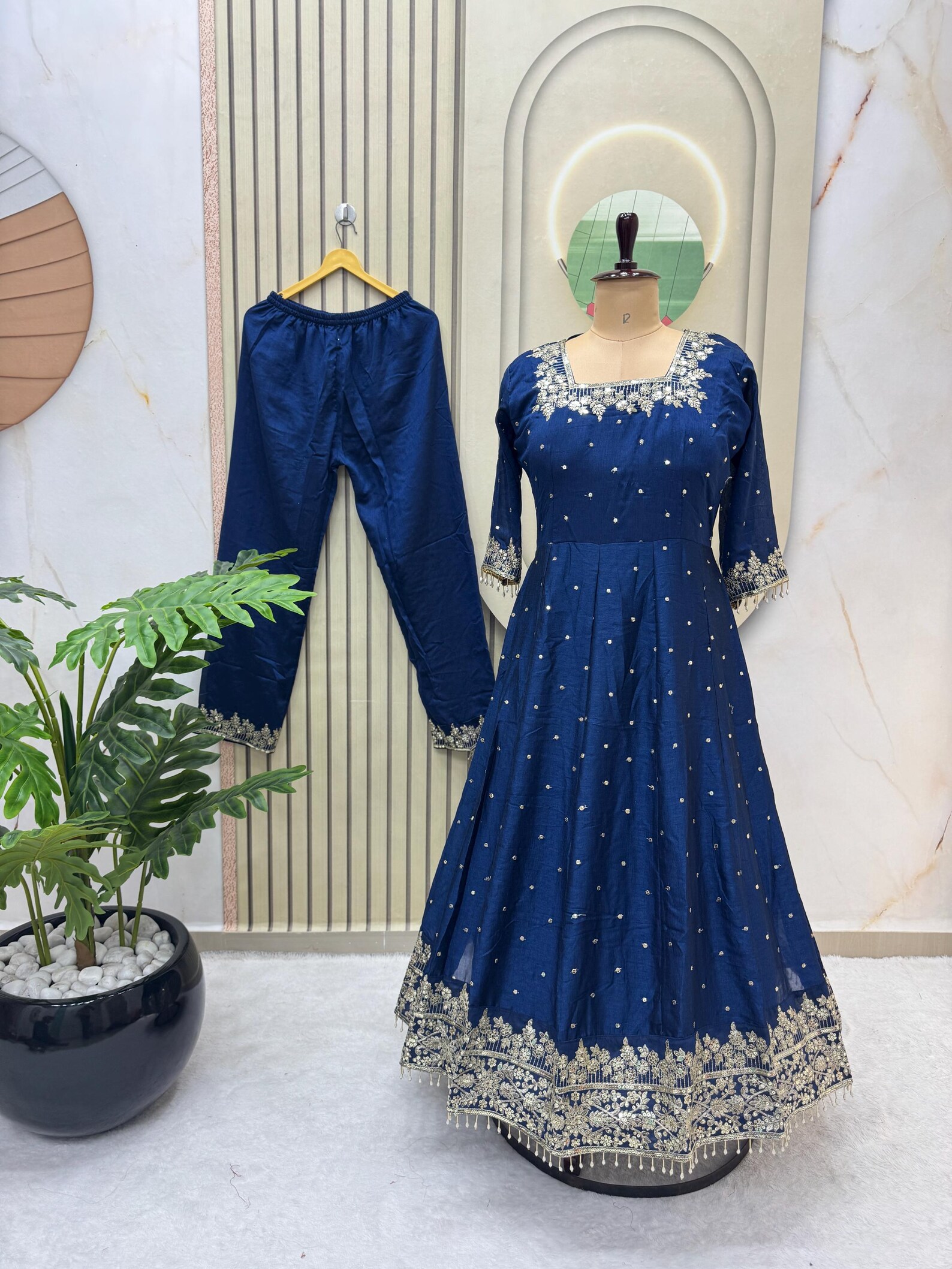 Blue Floral Luxury Silk Anarkali Suit Dupatta Set – Festive & Wedding Wear