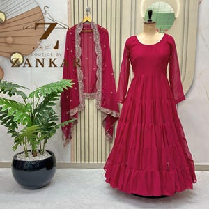 Pink Anarkali Gown With Dupatta Set 15Mtr 5 layer Flair gown Indian Wedding Dress Long Flared Dress Bridesmaid Dress Designer Long Gown