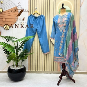 Blue Salwar kameez Suit Georgette Sequins Embroidered Suit Party wear pakistani suit for women Kurta pant 3pc set Readymade pakistani dress