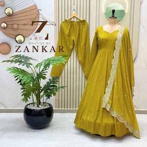 Indian Wedding Wear Yellow Anarkali Gown With Dupatta 3pc Readymade Gown Flared gown Partywear anarkali Wedding sangeet reception gown
