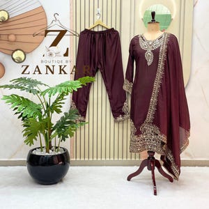 Brown Salwar kameez Suit Georgette Sequins Embroidered Suit Party wear pakistani suit for women Kurta pant 3pc set Readymade pakistani dress