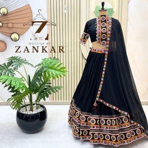 Black Navratri Lehenga Choli Pure Cotton Chaniya Choli Heavy Kutchhi Gamthi Work Garba Dress Ready to Wear Garba Lehenga Stitched blouse 3pc