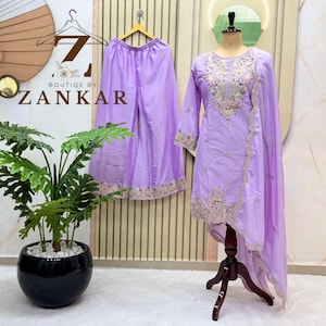 Lavender Designer Embroidered Kurta Palazzo Set wedding Salwar Kameez Women Straight Kurta 3pc dress Pakistani Fancy Gharara suit