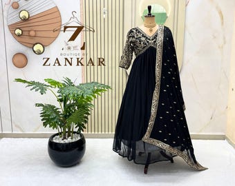 Black Alia cut gown for women Sequins Embroidered Gown Party Wear Gown with Dupatta, Designer Long Dress for Women Ready to Wear gown