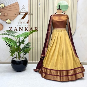 Beige Kanchipuram lehenga Half Saree Lehenga Set South Indian Lehenga skirt Pavadai lengha Indian Wedding Dress Traditional lehenga