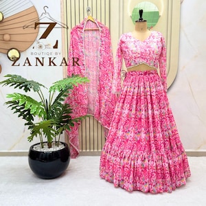 Pink Floral Lehenga Choli Party wear Frill Lengha women Bridesmaids lehenga Wedding Dress Indian Outfit 10mtr Flared lehenga Ready to Wear