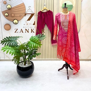 Pink Pakistani Salwar Suit: Embroidered Crepe Kurta Palazzo with Dupatta