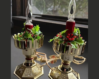 Pair of Vintage Electric Gold Hurricane Holiday Christmas Flickering Candle Lights Mid-Century 1960's - Work Wonderfully - MCM, granny-core!
