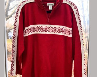 LL Bean Classic Retro-Look Ski Sweater Red w/ Geometric Snowflake Pattern across Chest, Back, Sleeves 1/4 Zip Mock Neck Women's Size X-Large