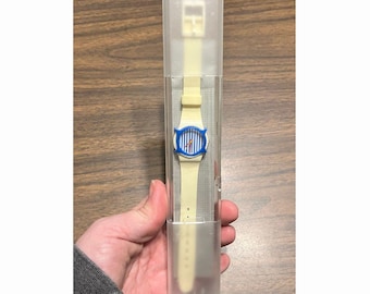 1986 Swatch Watch Ladies Newport Design, 25mm with Case and Swatch Guard, Totally Rad
