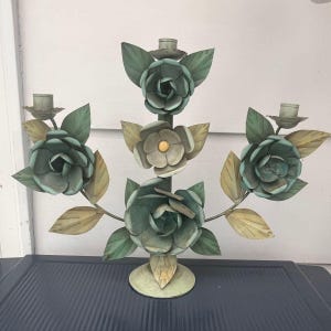 Vintage Tole Metal Floral Roses Motif 3-Arm MCM Candelabra Elegant Old Hollywood