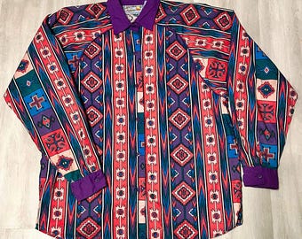 Gordon and James Vintage Women's Western Navajo Button Down Shirt Vibrant Aztec Design Purple Piping and Back Venting Size Medium