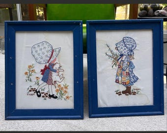 Two Vintage 1968 Holly Hobbie Framed Embroidered Needlepoint Artwork