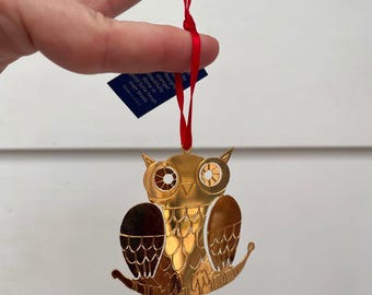 Artist Barbara W Stanger Metal Owl Ornament Gold Tone over Brass 2.5 Inches Tall Nature Themed Decor