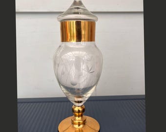Avitra Crystal Apothecary Jar 22 KT Gold Etched with Lines & Dots Mod Flower Motif W/ Lid 9" Tall