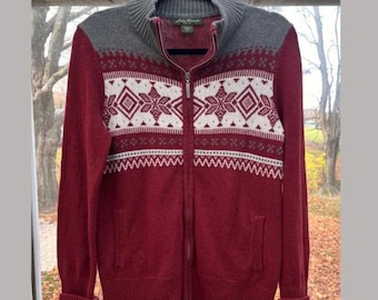 Eddie Bauer Full Zip Ski Red Cardigan Sweater with Snowflake Design, Cottage Core, Women's Size Medium