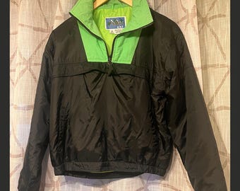 Vintage 80s 90s Aspen Ski Pullover Ski Coat Black Neon Green Unisex Size Medium