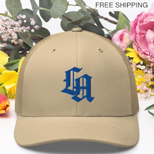 Embroidered LA Trucker Hat, Los Angeles Old English Trucker Cap, Embroidered Hat Cool Gift For Him, Los Angeles Embroidery, City Of Angels