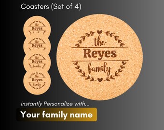 Personalized Family Name Cork Coasters - Set of 4