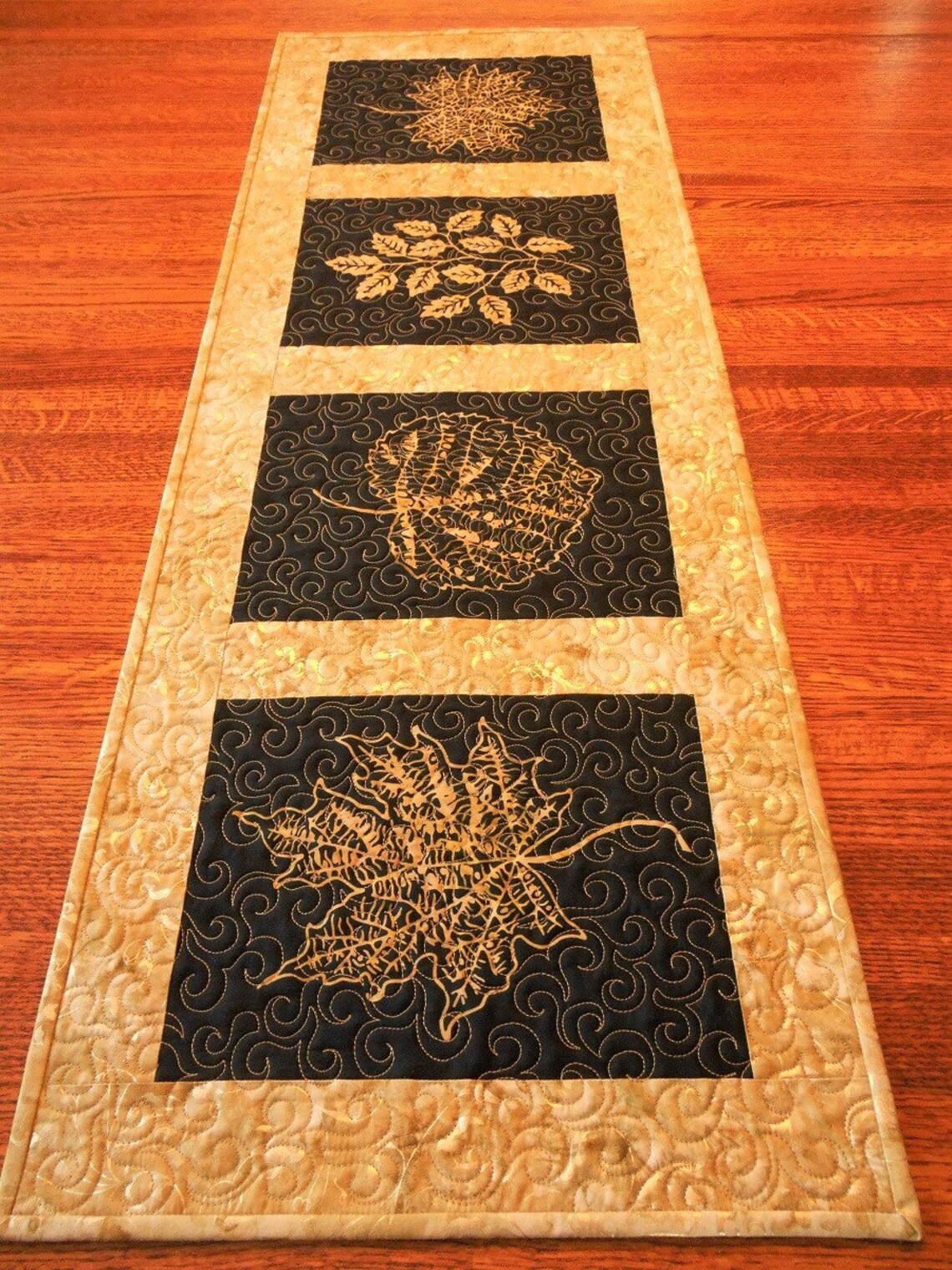 Elegant Fall Table Runner with Gold Leaves on Black Quilted Etsy