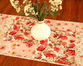 Valentine&#39;s Day Table Runner, Quilted Table Runner with Red and Pink Flowers, Red Floral Table Runner