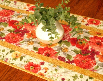 Spring Summer Table Runner with Bright Red Orange Yellow Flowers, Floral Quilted Table Runner, Quilted Table Runner with Flowers