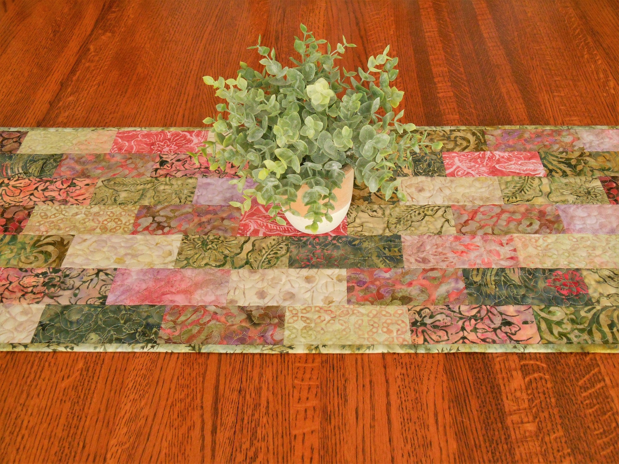Quilted Batik Table Runner In Shades Of Green And Pink Coffee Etsy