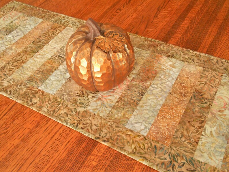 Neutral Fall Quilted Table Runner In Peach Brown Gray Batiks Etsy