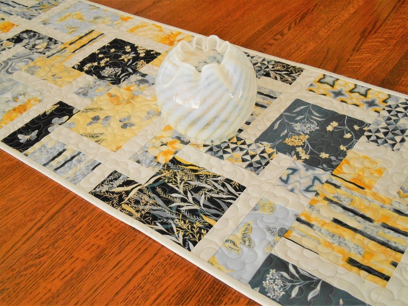 Yellow Gray Black Quilted Table Runner With Flowers And Etsy