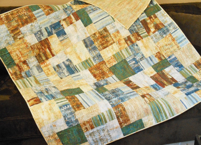 Modern Lap Quilt in Shades of Blue Green Rust Gold Quilted Etsy