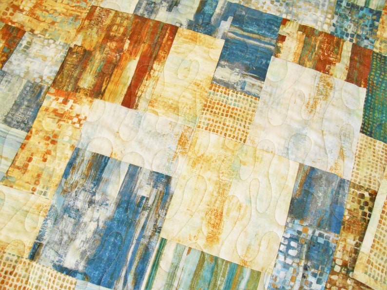 Modern Lap Quilt in Shades of Blue Green Rust Gold Quilted Etsy