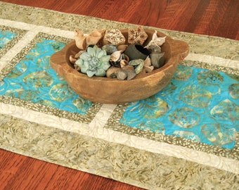 Modern Quilted Table Runner with Leaves in Turquoise Cream Khaki Green, Dining Table Runner, Batik Table Runner