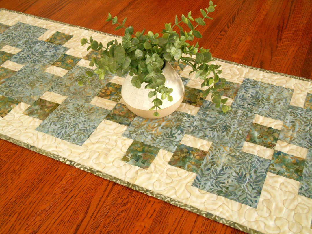 Quilted Table Runner With Leaves in Blue Green Gold Cream, Modern Blue Table Runner, Dining
