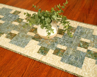 Quilted Table Runner with Leaves in Blue Green Gold Cream, Modern Blue Table Runner, Dining Table Runner, Coffee Table Runner