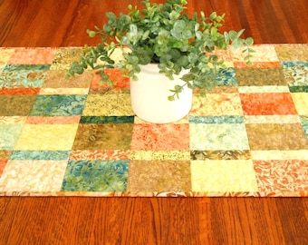 Quilted Table Runner with Green Orange Yellow Brown, Large Dining Table Runner