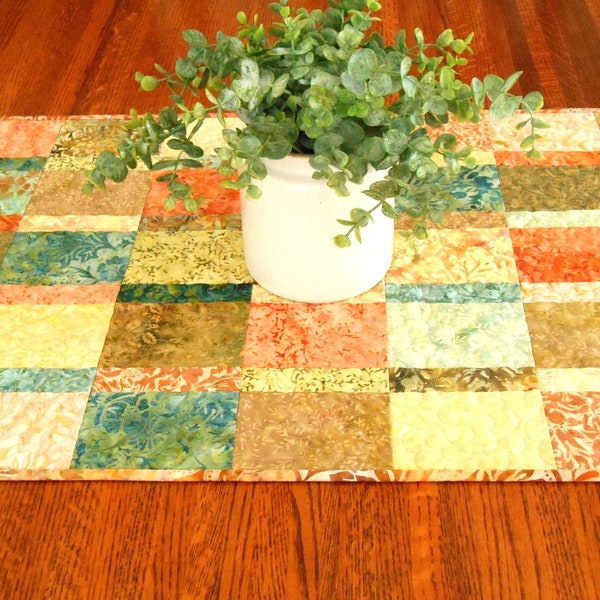 Quilted Table Runner with Green Orange Yellow Brown, Large Dining Table Runner