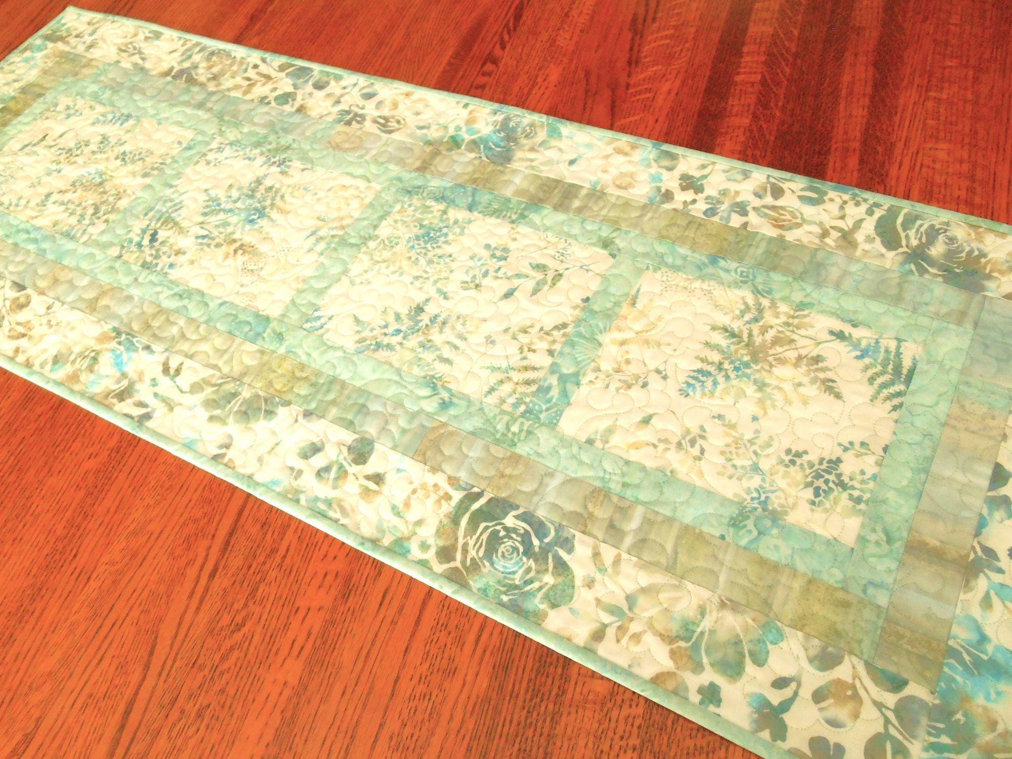 Quilted Floral Table Runner with Flowers and Ferns in Aqua and White